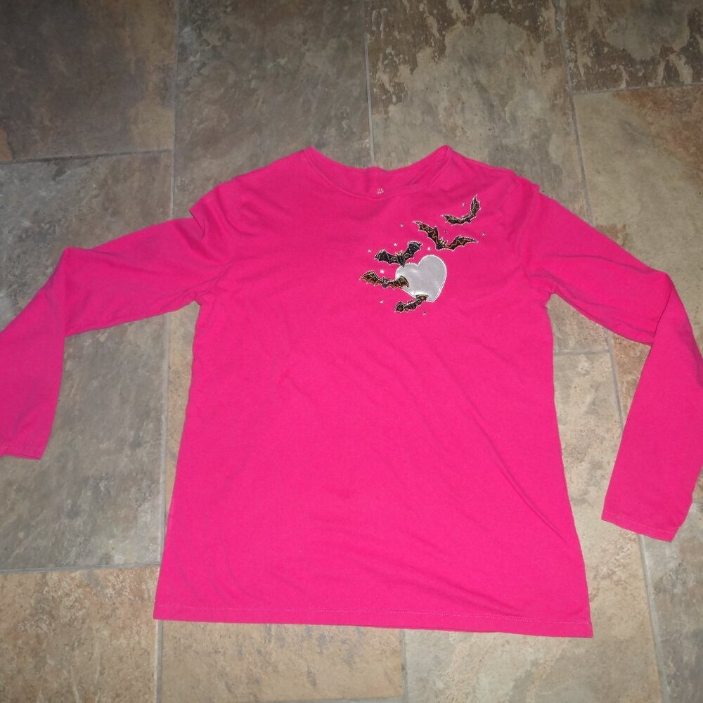 Halloween Shirt Women XL Long Sleeve Tee Pink,Black Bats matallic/rhinestones
